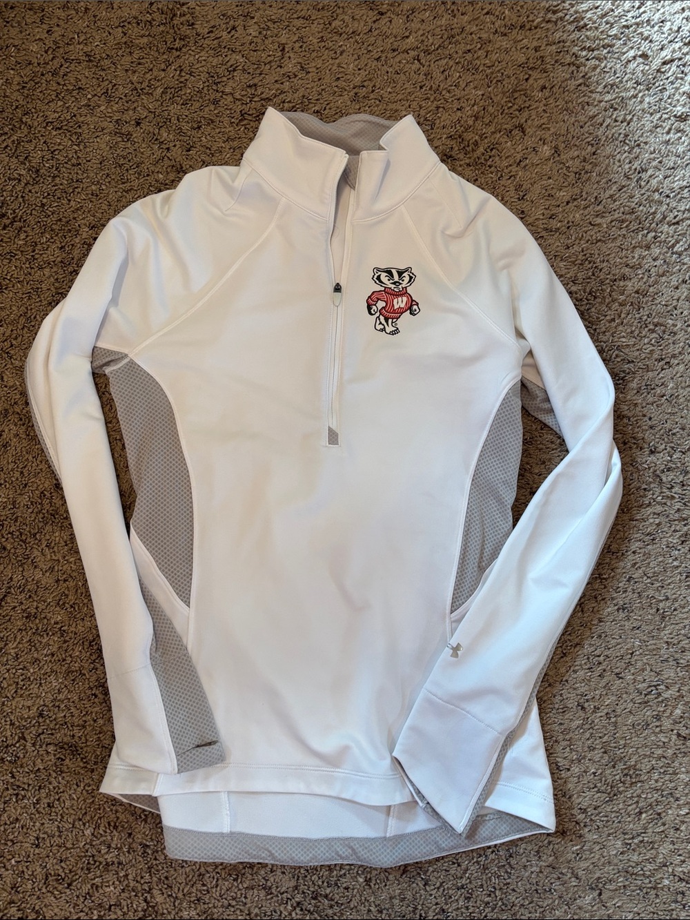 Under Armour White ColdGear Semi-Fitted Pullover with Bucky Badger logo